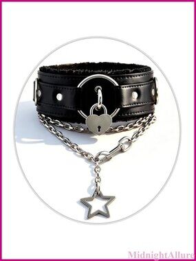 PU Leather Choker Collar Necklace with Heart Lock & Pentagram Pendant -